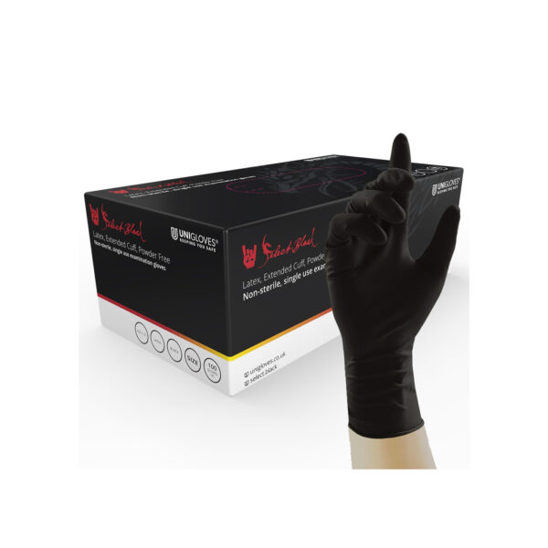 Unigloves Select Black Latex Extended Cuff GT0012 Single Use - Box of 100 Gloves, Black, Small
